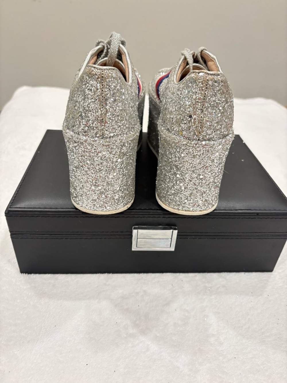 Gucci Silver Glitter Platform Sneakers with Red & Blue Stripe - Picture 3 of 6